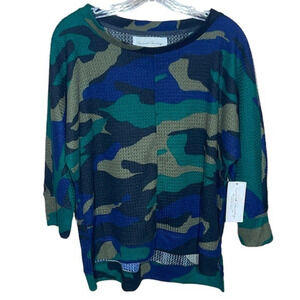 French Laundry Camo Waffle Knit 3/4 Sleeve Hi-Low Medium‎